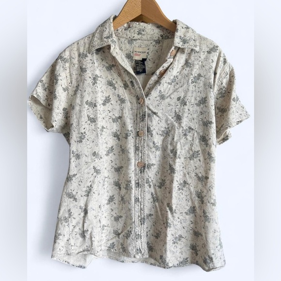 Vintage No-Excess Womens Floral Grey Linen Blend Short Sleeve Button Up Shirt L - Picture 1 of 9